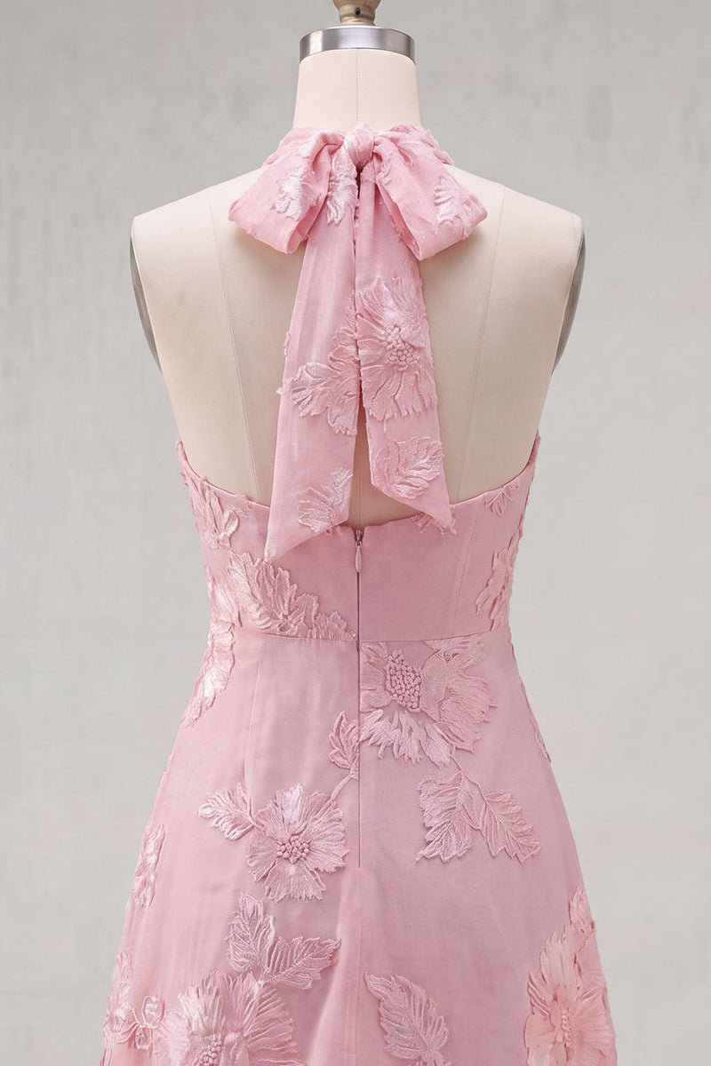 Laden Sie das Bild in den Galerie-Viewer, A-Linie gelbes Neckholder-Kurzhaus-Heimkehrkleid ohne Rücken mit floraler Stickerei