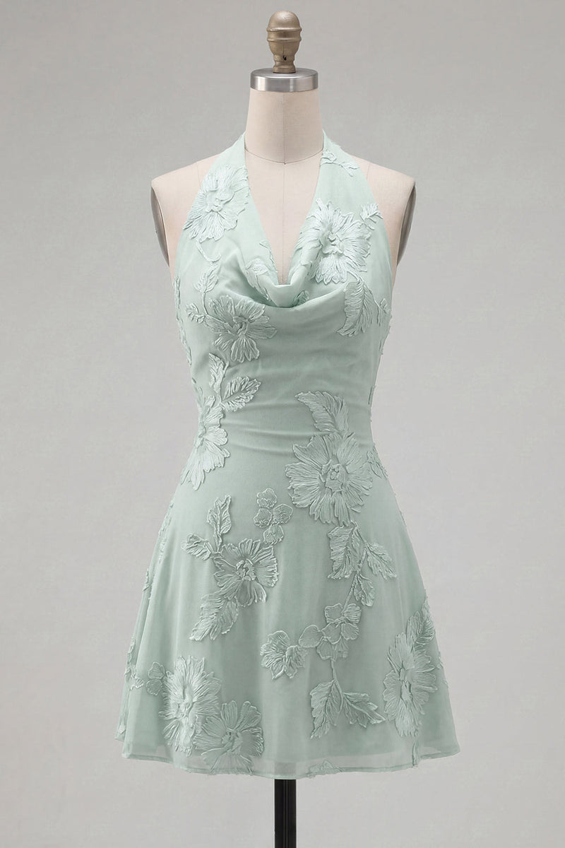 Laden Sie das Bild in den Galerie-Viewer, A-Linie gelbes Neckholder-Kurzhaus-Heimkehrkleid ohne Rücken mit floraler Stickerei