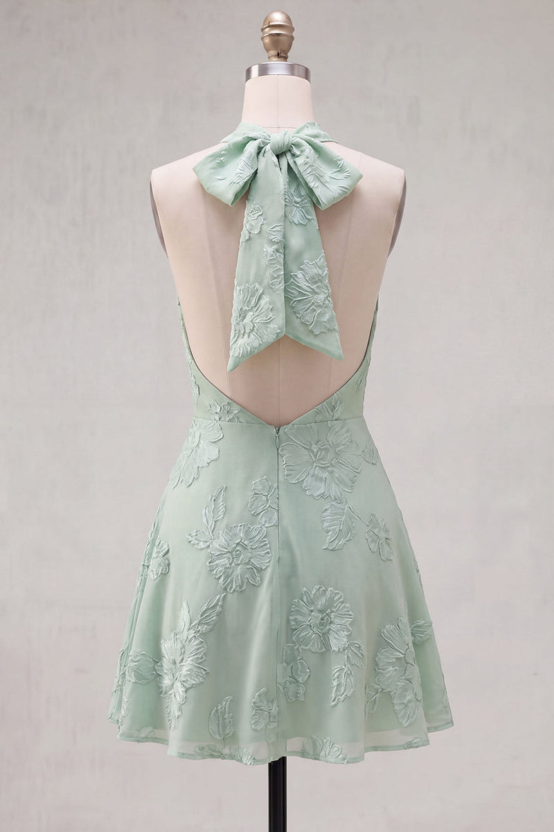 Laden Sie das Bild in den Galerie-Viewer, A-Linie gelbes Neckholder-Kurzhaus-Heimkehrkleid ohne Rücken mit floraler Stickerei