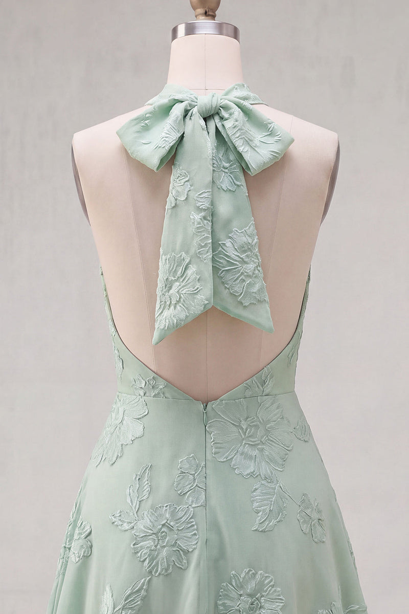 Laden Sie das Bild in den Galerie-Viewer, A-Linie gelbes Neckholder-Kurzhaus-Heimkehrkleid ohne Rücken mit floraler Stickerei