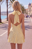 Laden Sie das Bild in den Galerie-Viewer, A-Linie gelbes Neckholder-Kurzhaus-Heimkehrkleid ohne Rücken mit floraler Stickerei