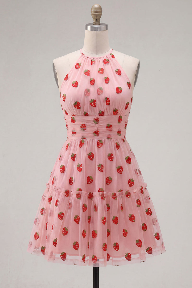 Laden Sie das Bild in den Galerie-Viewer, A-Linie pinkes Neckholder-bedrucktes kurzes Homecoming-Kleid mit Rüschen