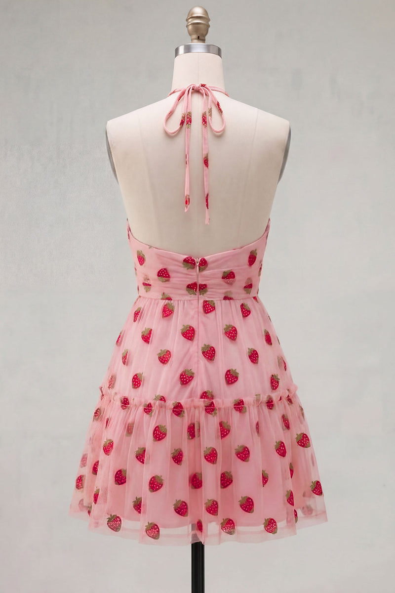 Laden Sie das Bild in den Galerie-Viewer, A-Linie pinkes Neckholder-bedrucktes kurzes Homecoming-Kleid mit Rüschen
