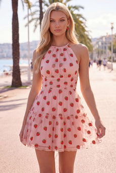 A-Linie Rosa Neckholder Bedrucktes Kurzes Abendkleid mit Rüschen