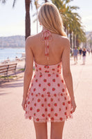 Laden Sie das Bild in den Galerie-Viewer, A-Linie pinkes Neckholder-bedrucktes kurzes Homecoming-Kleid mit Rüschen
