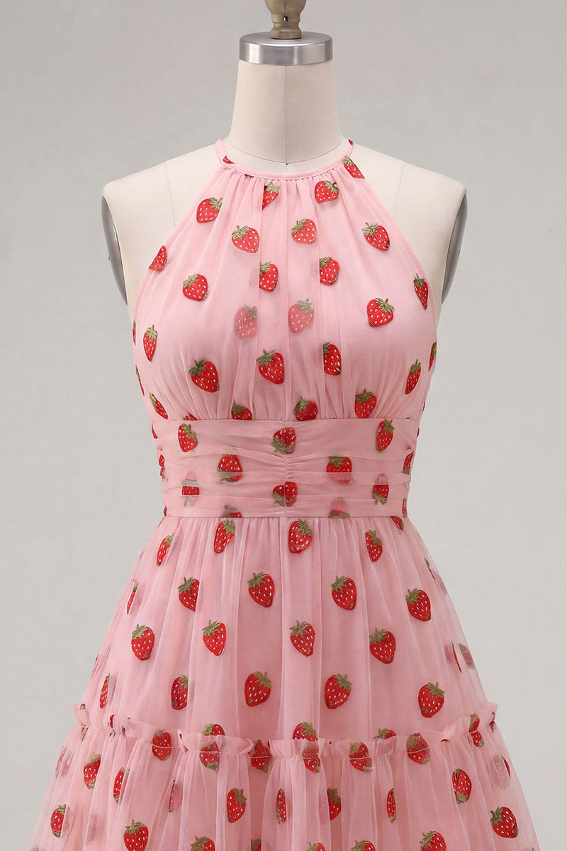 Laden Sie das Bild in den Galerie-Viewer, A-Linie pinkes Neckholder-bedrucktes kurzes Homecoming-Kleid mit Rüschen