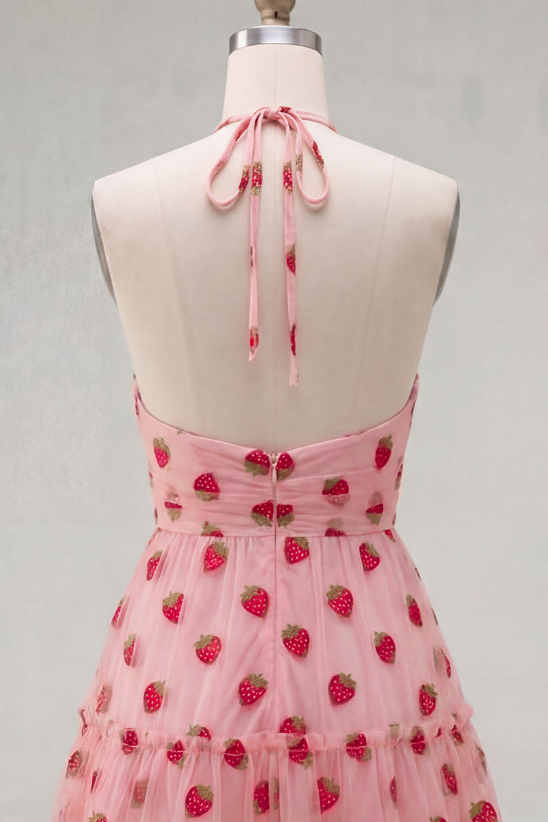 Laden Sie das Bild in den Galerie-Viewer, A-Linie pinkes Neckholder-bedrucktes kurzes Homecoming-Kleid mit Rüschen