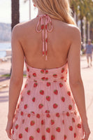 Laden Sie das Bild in den Galerie-Viewer, A-Linie pinkes Neckholder-bedrucktes kurzes Homecoming-Kleid mit Rüschen