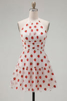 Laden Sie das Bild in den Galerie-Viewer, A-Linie pinkes Neckholder-bedrucktes kurzes Homecoming-Kleid mit Rüschen