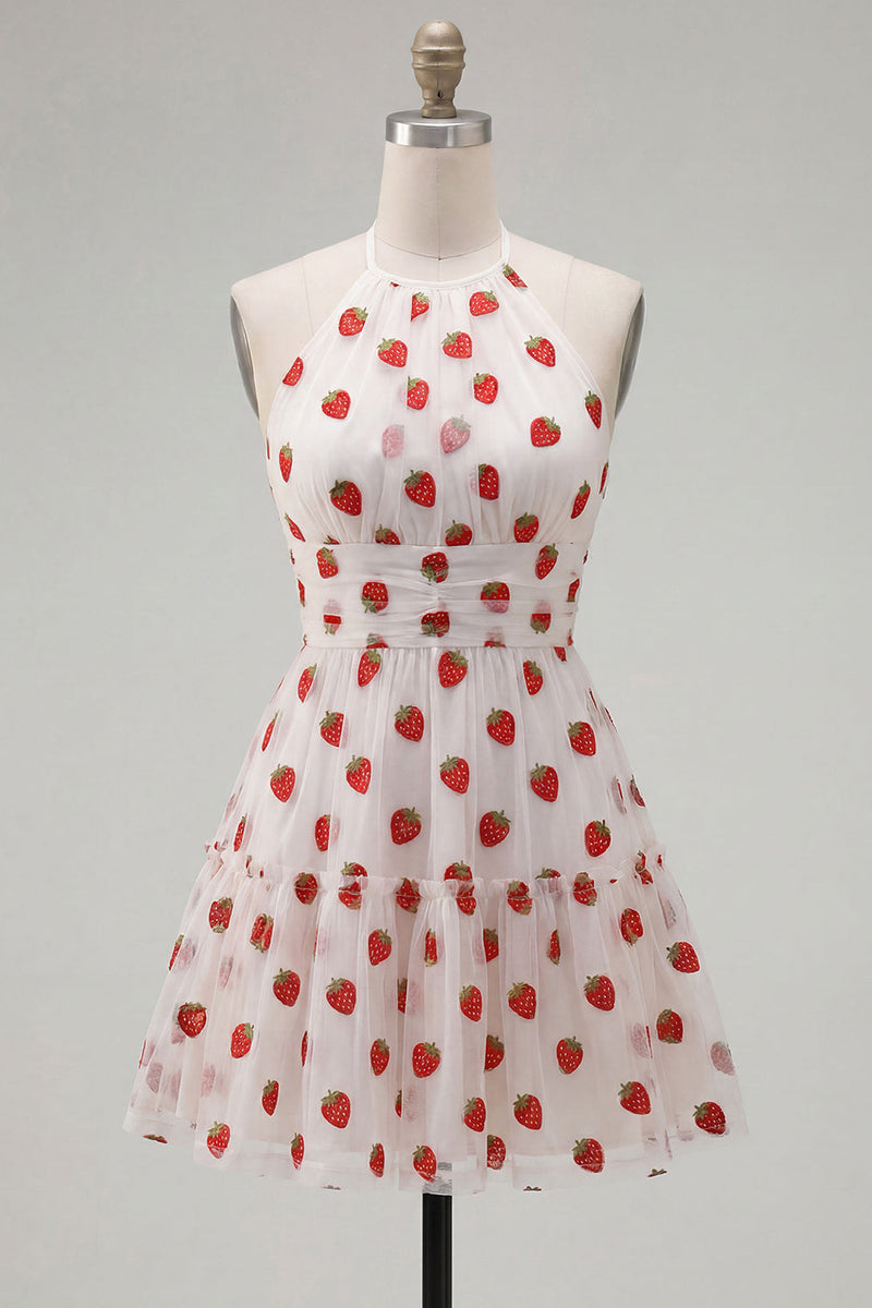 Laden Sie das Bild in den Galerie-Viewer, A-Linie pinkes Neckholder-bedrucktes kurzes Homecoming-Kleid mit Rüschen