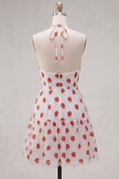 Laden Sie das Bild in den Galerie-Viewer, A-Linie pinkes Neckholder-bedrucktes kurzes Homecoming-Kleid mit Rüschen