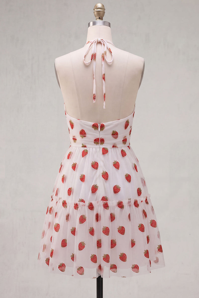 Laden Sie das Bild in den Galerie-Viewer, A-Linie pinkes Neckholder-bedrucktes kurzes Homecoming-Kleid mit Rüschen
