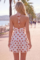 Laden Sie das Bild in den Galerie-Viewer, A-Linie pinkes Neckholder-bedrucktes kurzes Homecoming-Kleid mit Rüschen