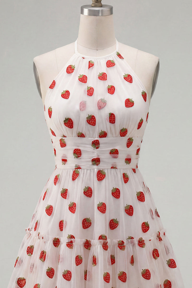 Laden Sie das Bild in den Galerie-Viewer, A-Linie pinkes Neckholder-bedrucktes kurzes Homecoming-Kleid mit Rüschen