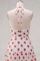 Laden Sie das Bild in den Galerie-Viewer, A-Linie pinkes Neckholder-bedrucktes kurzes Homecoming-Kleid mit Rüschen