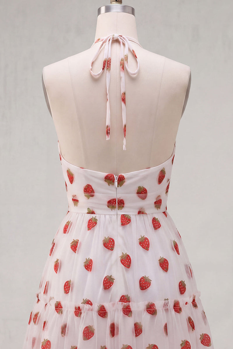 Laden Sie das Bild in den Galerie-Viewer, A-Linie pinkes Neckholder-bedrucktes kurzes Homecoming-Kleid mit Rüschen