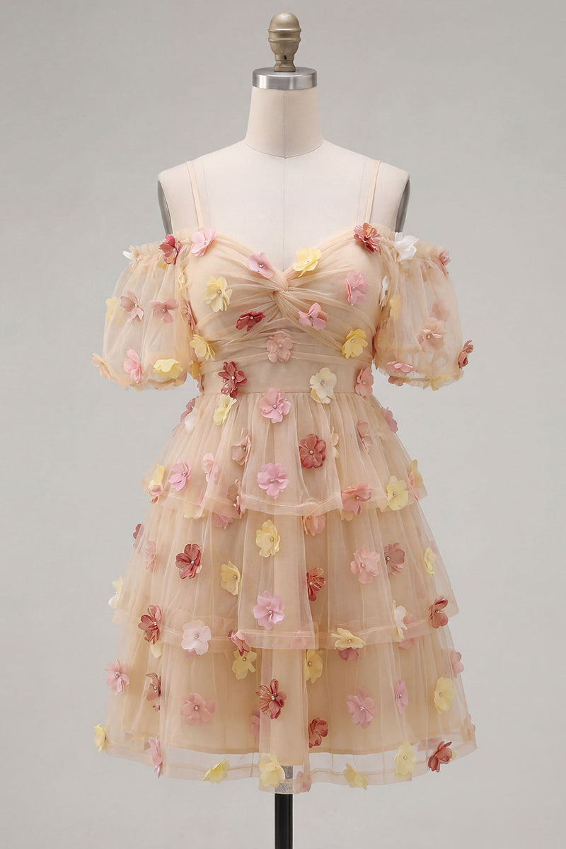 Laden Sie das Bild in den Galerie-Viewer, Champagner-Kaltschulter-A-Linien-gestuftes Rüschen-Homecoming-Kleid mit 3D-Blumen