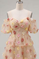 Laden Sie das Bild in den Galerie-Viewer, Champagner-Kaltschulter-A-Linien-gestuftes Rüschen-Homecoming-Kleid mit 3D-Blumen