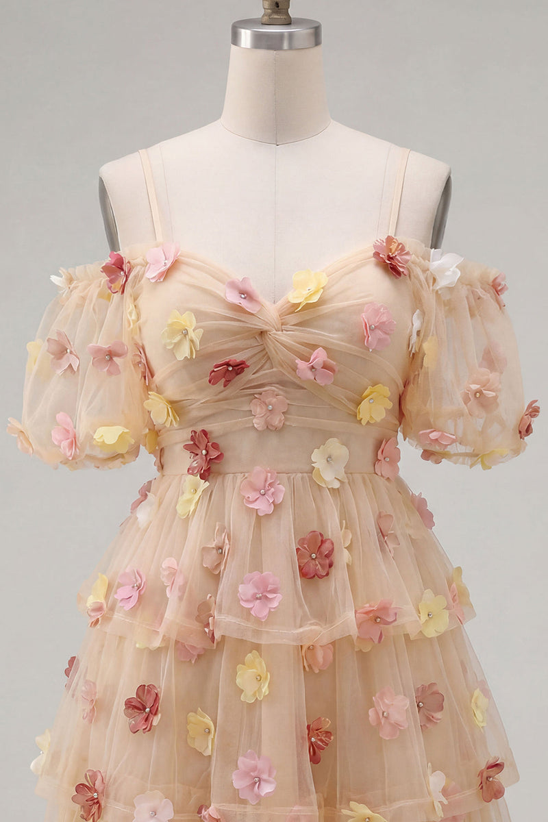 Laden Sie das Bild in den Galerie-Viewer, Champagner-Kaltschulter-A-Linien-gestuftes Rüschen-Homecoming-Kleid mit 3D-Blumen