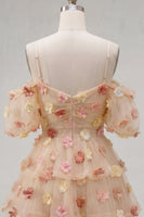 Laden Sie das Bild in den Galerie-Viewer, Champagner-Kaltschulter-A-Linien-gestuftes Rüschen-Homecoming-Kleid mit 3D-Blumen