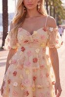 Laden Sie das Bild in den Galerie-Viewer, Champagner-Kaltschulter-A-Linien-gestuftes Rüschen-Homecoming-Kleid mit 3D-Blumen