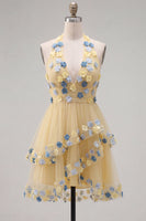 Laden Sie das Bild in den Galerie-Viewer, Aprikosen-Neckholder-A-Linien-gestuftes, gerüschtes kurzes Homecoming-Kleid mit 3D-Blumen