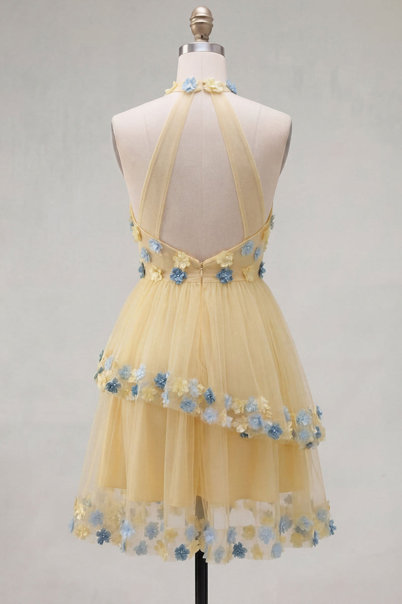 Laden Sie das Bild in den Galerie-Viewer, Aprikosen-Neckholder-A-Linien-gestuftes, gerüschtes kurzes Homecoming-Kleid mit 3D-Blumen