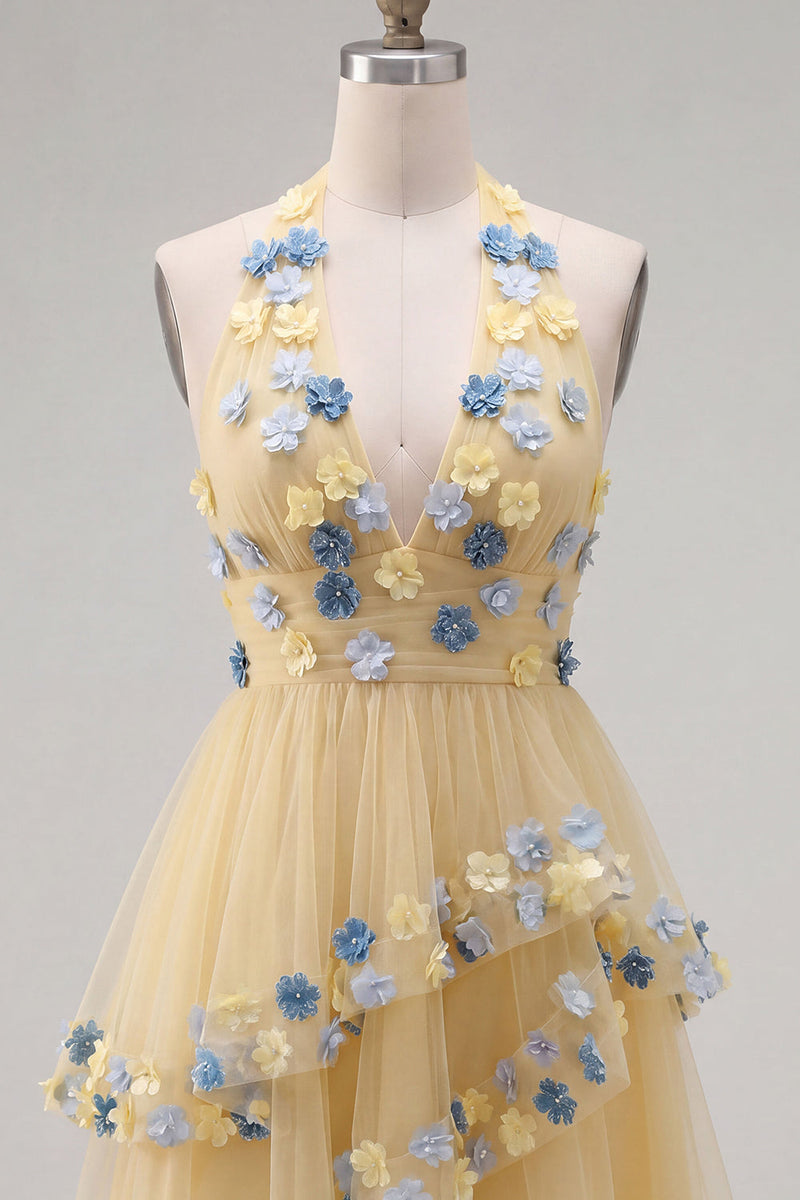 Laden Sie das Bild in den Galerie-Viewer, Aprikosen-Neckholder-A-Linien-gestuftes, gerüschtes kurzes Homecoming-Kleid mit 3D-Blumen
