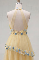 Laden Sie das Bild in den Galerie-Viewer, Aprikosen-Neckholder-A-Linien-gestuftes, gerüschtes kurzes Homecoming-Kleid mit 3D-Blumen