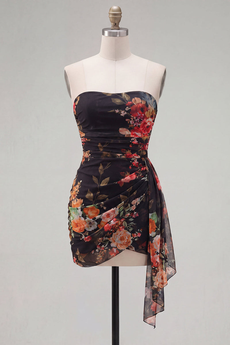 Laden Sie das Bild in den Galerie-Viewer, Schwarze, rote Blume, Sweetheart, gerafftes, geblommiges, enges kurzes Homecoming-Kleid mit Schärpe
