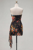 Laden Sie das Bild in den Galerie-Viewer, Schwarze, rote Blume, Sweetheart, gerafftes, geblommiges, enges kurzes Homecoming-Kleid mit Schärpe