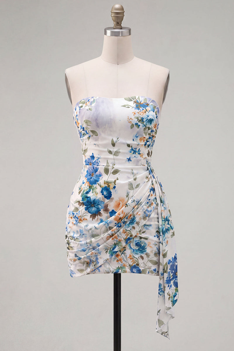 Laden Sie das Bild in den Galerie-Viewer, Schwarze, rote Blume, Sweetheart, gerafftes, geblommiges, enges kurzes Homecoming-Kleid mit Schärpe