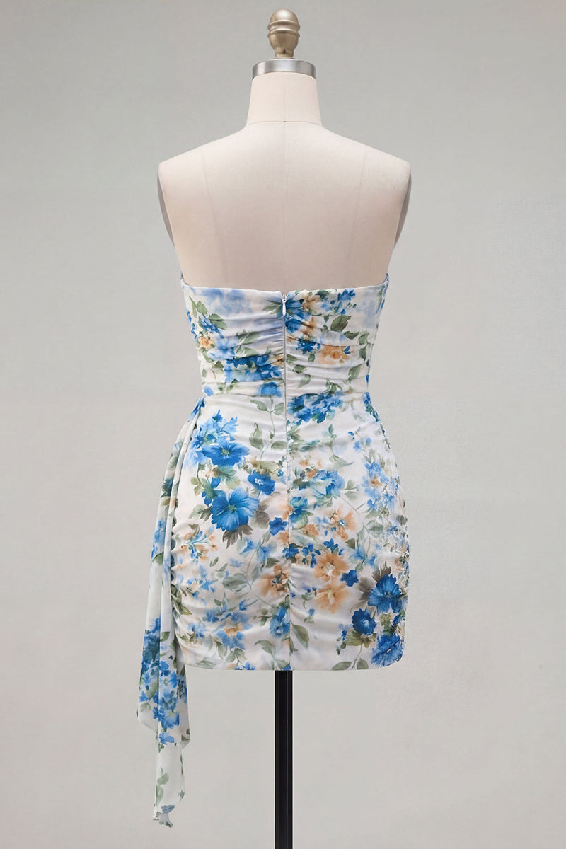 Laden Sie das Bild in den Galerie-Viewer, Schwarze, rote Blume, Sweetheart, gerafftes, geblommiges, enges kurzes Homecoming-Kleid mit Schärpe