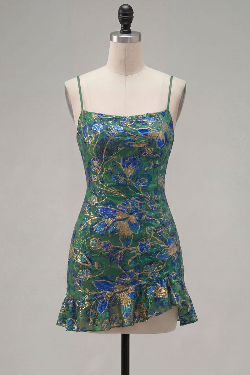 Laden Sie das Bild in den Galerie-Viewer, Dunkelgrünes Bodycon Floral-Rüschen-Kurzes Homecoming-Kleid mit Spitze auf dem Rücken