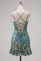 Laden Sie das Bild in den Galerie-Viewer, Dunkelgrünes Bodycon Floral-Rüschen-Kurzes Homecoming-Kleid mit Spitze auf dem Rücken