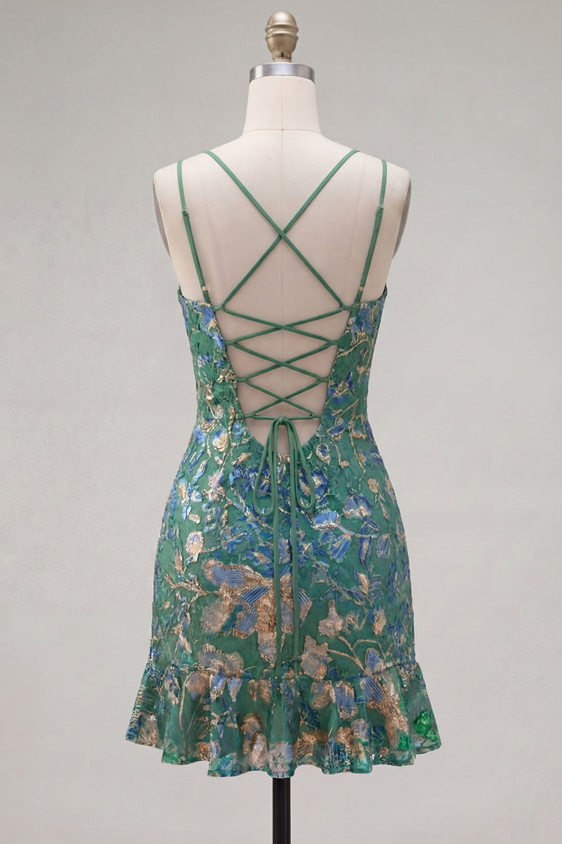 Laden Sie das Bild in den Galerie-Viewer, Dunkelgrünes Bodycon Floral-Rüschen-Kurzes Homecoming-Kleid mit Spitze auf dem Rücken