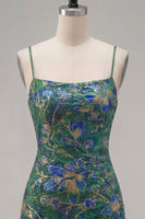 Laden Sie das Bild in den Galerie-Viewer, Dunkelgrünes Bodycon Floral-Rüschen-Kurzes Homecoming-Kleid mit Spitze auf dem Rücken