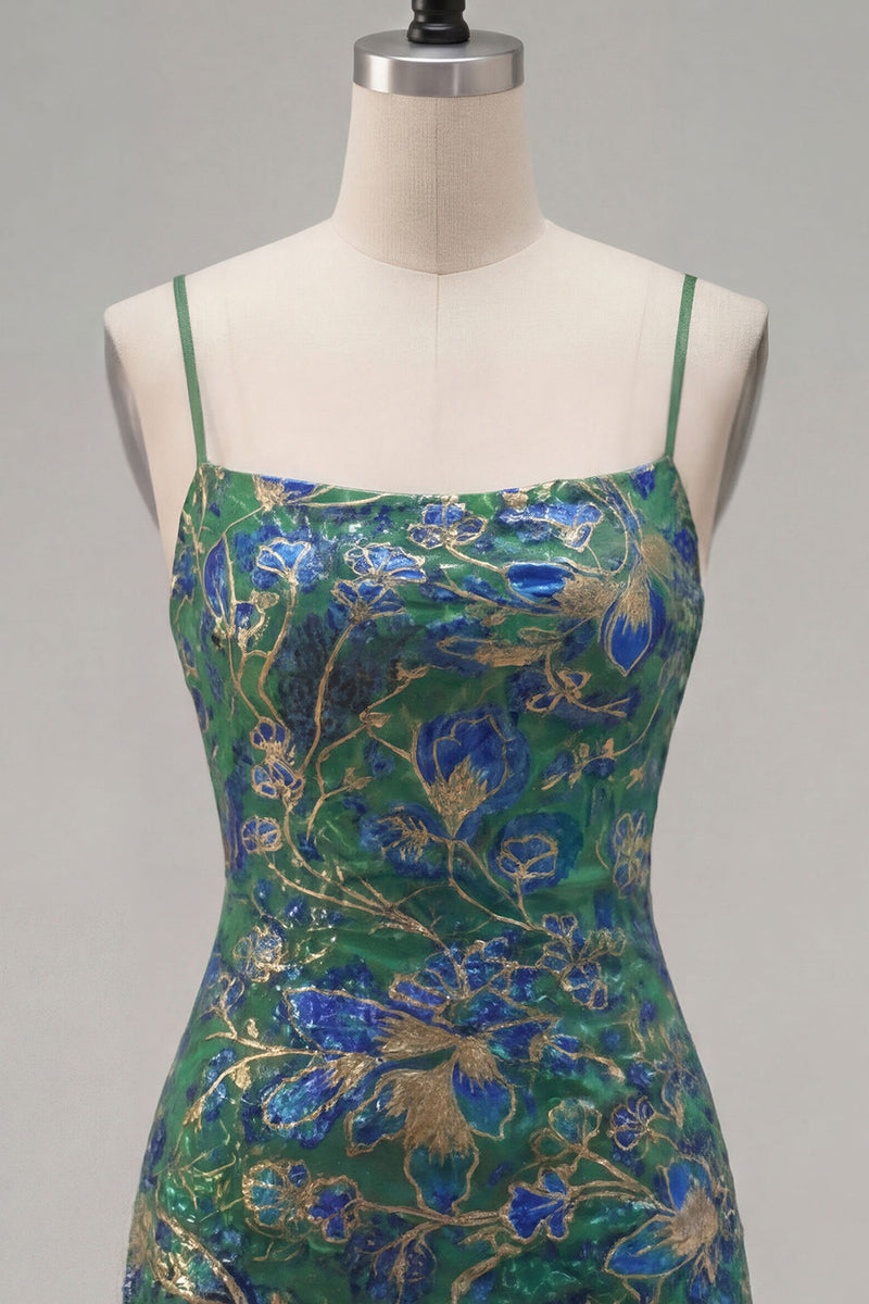 Laden Sie das Bild in den Galerie-Viewer, Dunkelgrünes Bodycon Floral-Rüschen-Kurzes Homecoming-Kleid mit Spitze auf dem Rücken