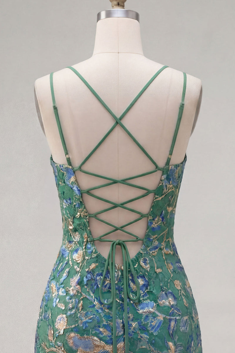 Laden Sie das Bild in den Galerie-Viewer, Dunkelgrünes Bodycon Floral-Rüschen-Kurzes Homecoming-Kleid mit Spitze auf dem Rücken