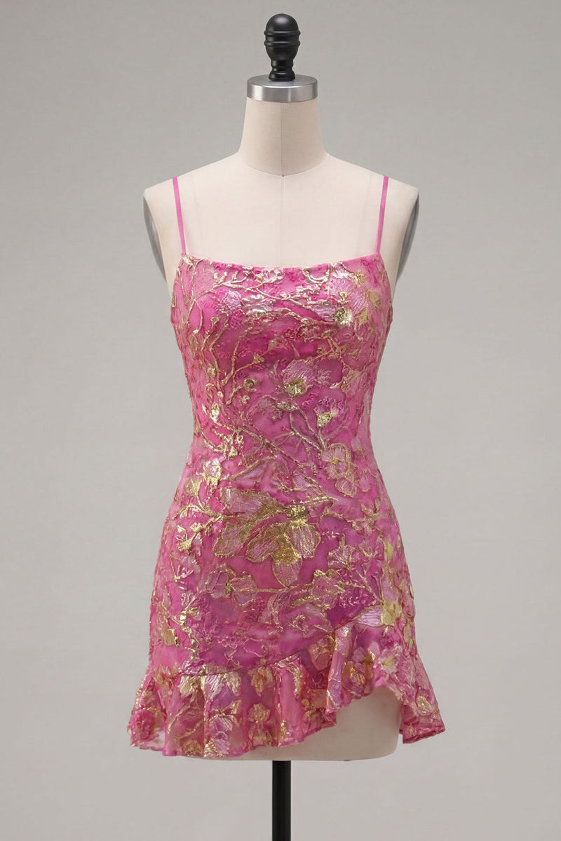 Laden Sie das Bild in den Galerie-Viewer, Dunkelgrünes Bodycon Floral-Rüschen-Kurzes Homecoming-Kleid mit Spitze auf dem Rücken