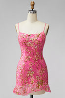Laden Sie das Bild in den Galerie-Viewer, Dunkelgrünes Bodycon Floral Rüschen Kurzes Abendkleid mit Schnürung