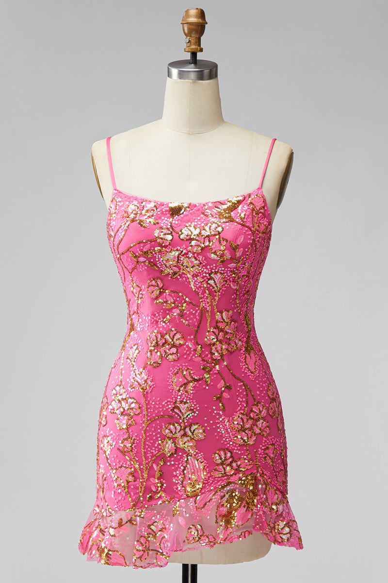 Laden Sie das Bild in den Galerie-Viewer, Dunkelgrünes Bodycon Floral Rüschen Kurzes Abendkleid mit Schnürung