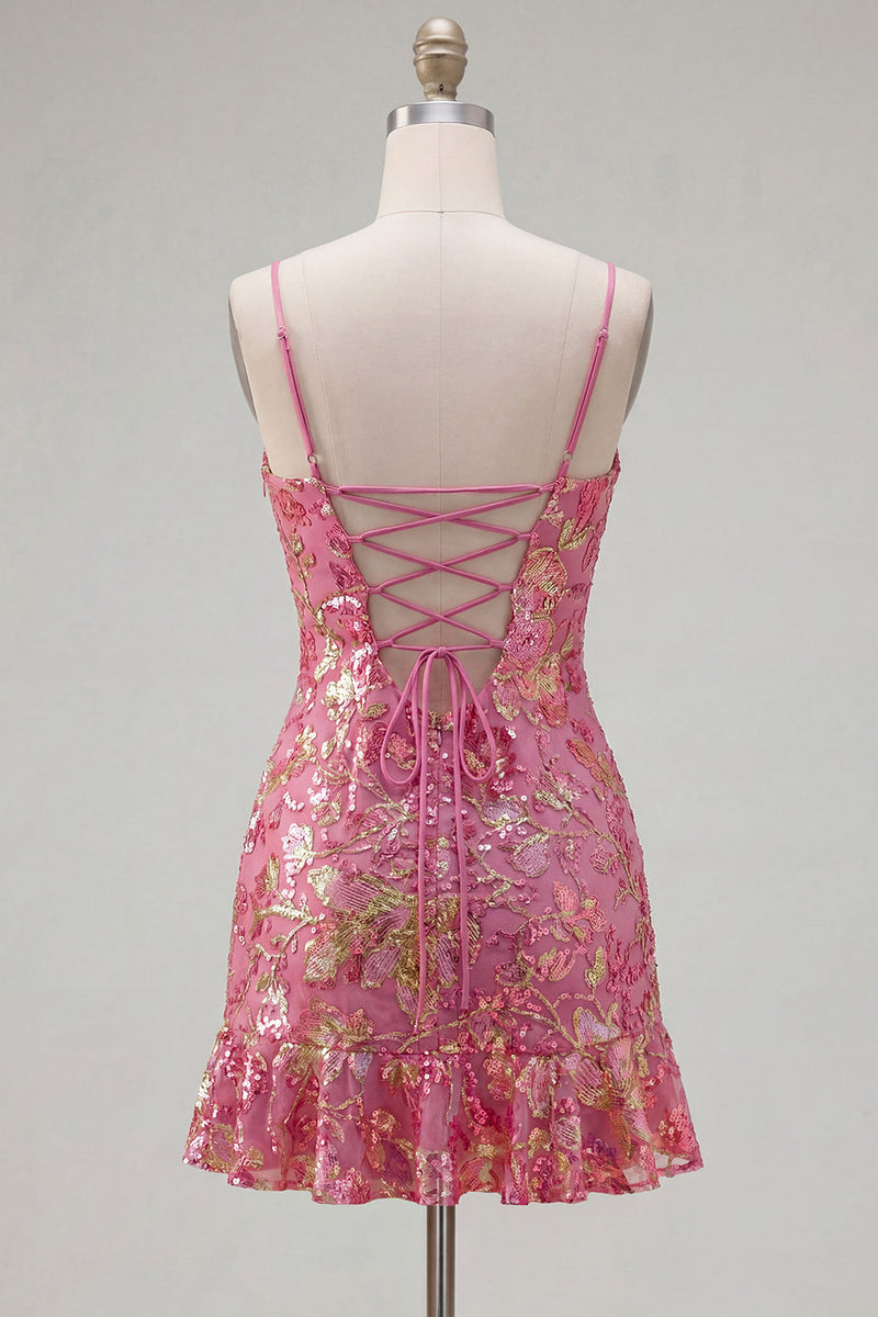 Laden Sie das Bild in den Galerie-Viewer, Dunkelgrünes Bodycon Floral-Rüschen-Kurzes Homecoming-Kleid mit Spitze auf dem Rücken