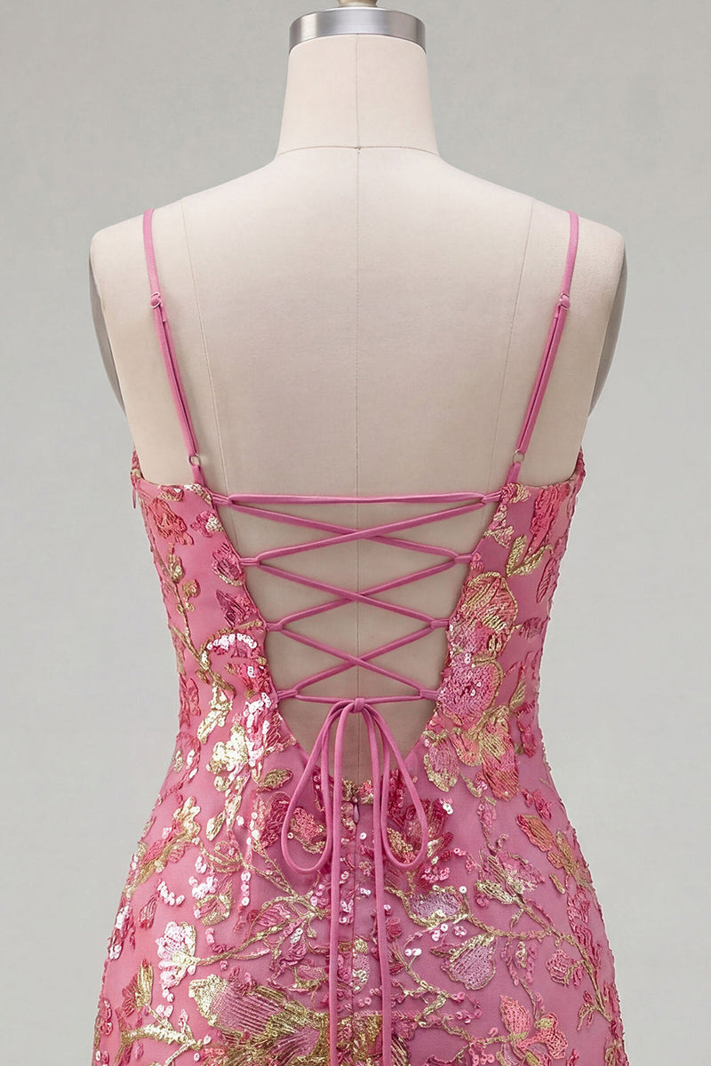 Laden Sie das Bild in den Galerie-Viewer, Dunkelgrünes Bodycon Floral-Rüschen-Kurzes Homecoming-Kleid mit Spitze auf dem Rücken