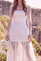Laden Sie das Bild in den Galerie-Viewer, Weißes, quadratisches Langarmiges Maxi-Elopement-Hochzeitskleid mit Spitze