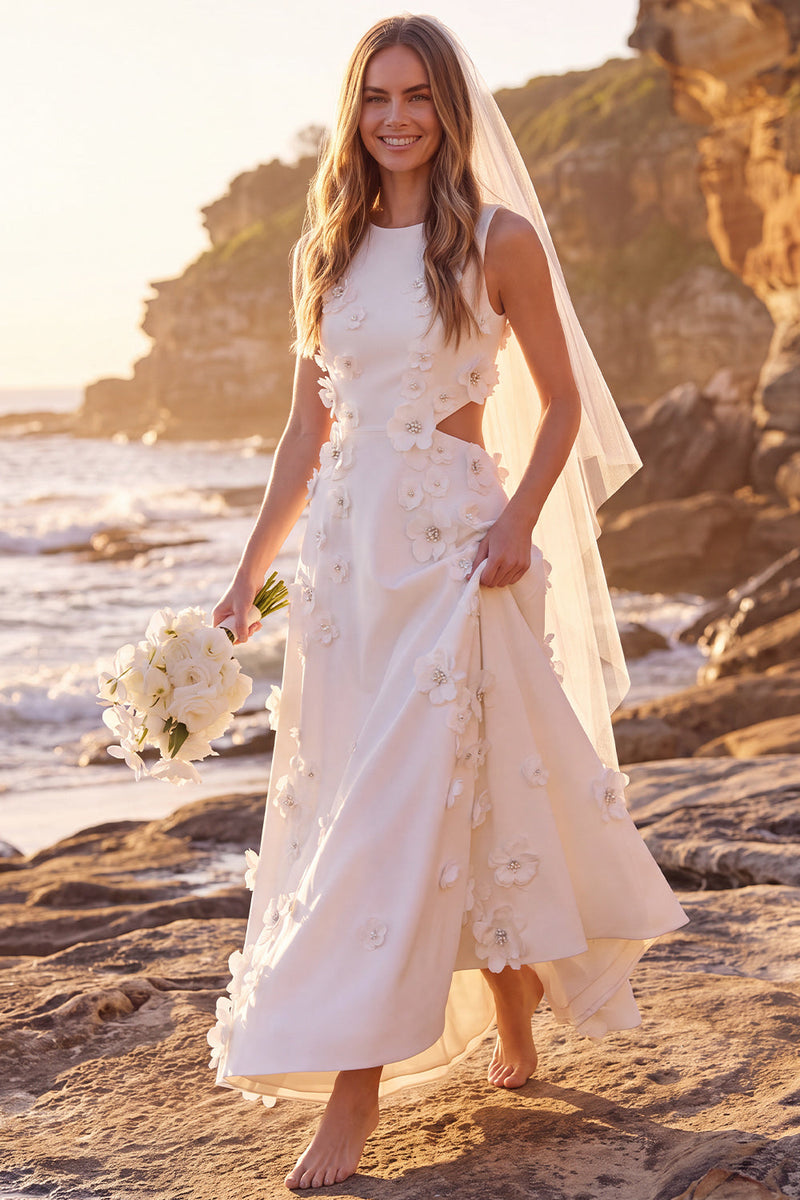 Laden Sie das Bild in den Galerie-Viewer, Weißes A-Linien-Rundhals-Cut-Out-Maxi-Elopement-Hochzeitskleid