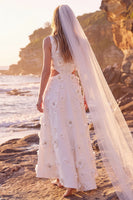 Laden Sie das Bild in den Galerie-Viewer, Weißes A-Linien-Rundhals-Cut-Out-Maxi-Elopement-Hochzeitskleid