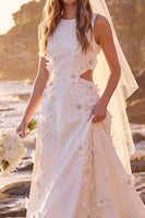 Laden Sie das Bild in den Galerie-Viewer, Weißes A-Linien-Rundhals-Cut-Out-Maxi-Elopement-Hochzeitskleid