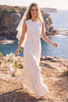 Laden Sie das Bild in den Galerie-Viewer, Weißes Kleid mit Rundhals-Appliqued Maxi Elopement Hochzeitskleid