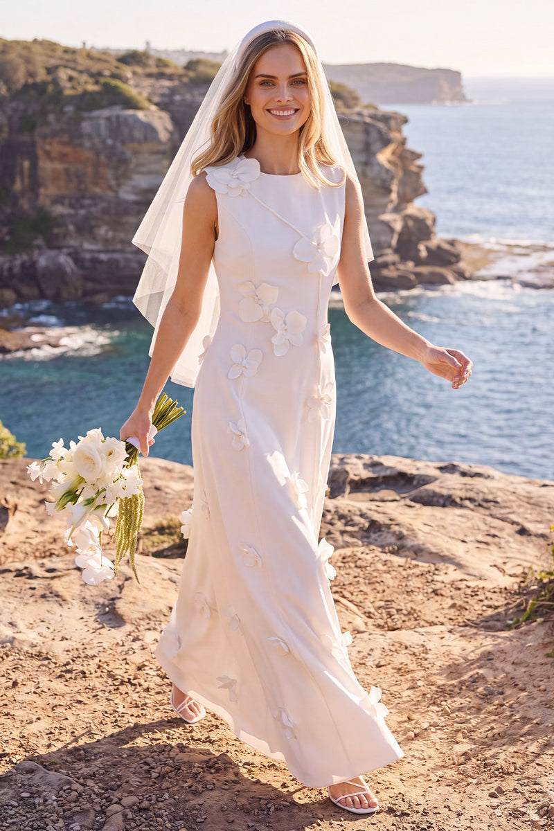 Laden Sie das Bild in den Galerie-Viewer, Weißes Kleid mit Rundhals-Appliqued Maxi Elopement Hochzeitskleid